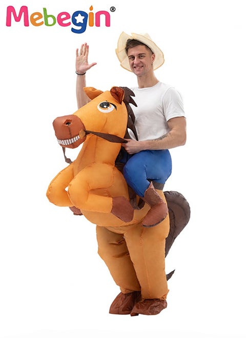 Horse Riding Style Inflatable Suit, Fancy Inflatable Costume with Blower and Battery Case, Funny Doll Performance Costume, Adorable Blow up Pretend Toy Costume for Parties, Festivals and Cosplay Games, Suitable 155-190cm Height, 4 AA Batteries Required(Not Included)
