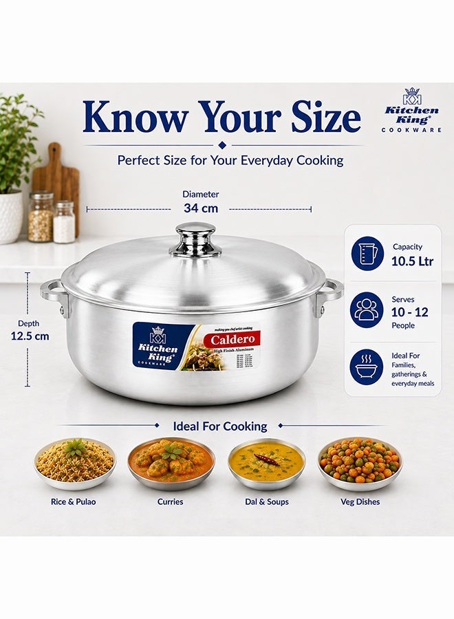 Kitchen King Caldero Aluminium Cooking Pot with Lid 34 cm (10.5 Ltr), Heavy-Duty Wide Base, Shallow Casserole for Biryani, Rice, Curry & Stews, Even Heat Distribution, Dishwasher Safe, Silver - Image 3