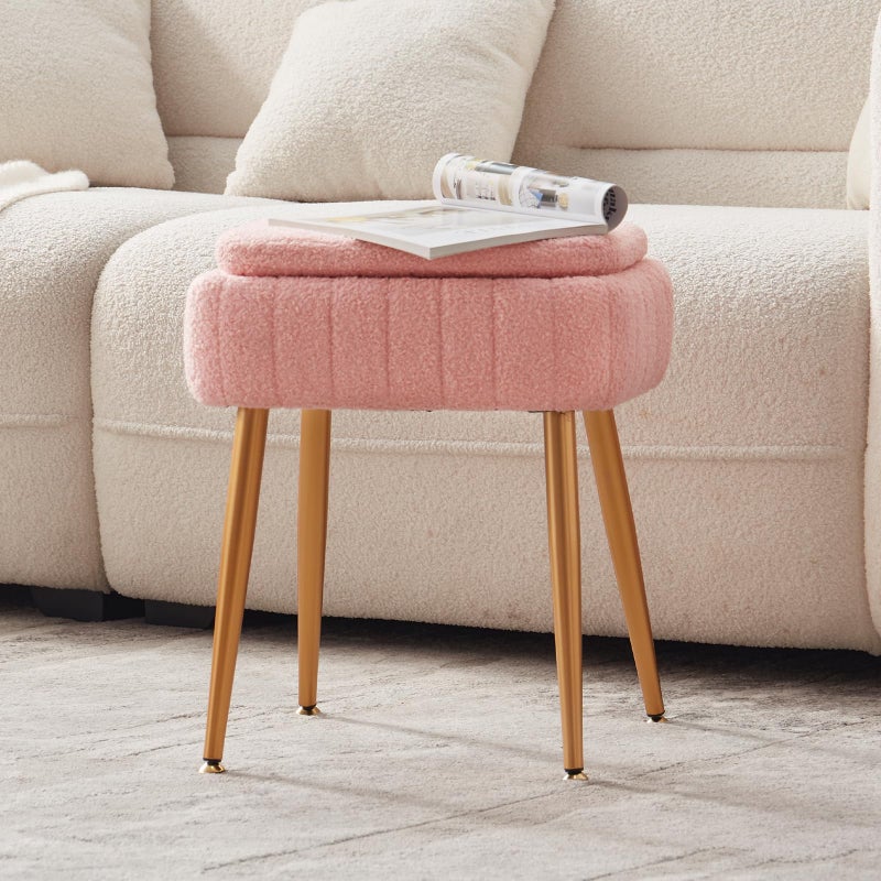 ZYKZYK Updated Vanity Chair, Storage Ottoman with Folding Back & Gold-Toned Metal Legs, Ottoman Seat with Teddy Velvet for Dressing Room Living Room Bedroom, 16" x 12.5" Inch - Image 5
