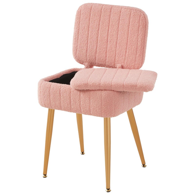 ZYKZYK Updated Vanity Chair, Storage Ottoman with Folding Back & Gold-Toned Metal Legs, Ottoman Seat with Teddy Velvet for Dressing Room Living Room Bedroom, 16" x 12.5" Inch - Image 1