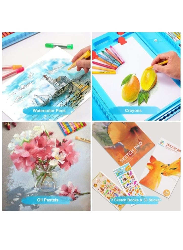 نقطة التسوق 208 قطعة من لوازم الرسم، مجموعة رسم فنية للأطفال والبنات والأولاد والمراهقين، حقيبة مجموعة فنية مع حامل ثلاثي الطي، تتضمن ألوان الباستيل الزيتية وأقلام التلوين وأقلام الرصاص الملونة ودفتر التلوين، لون أزرق - Image 2