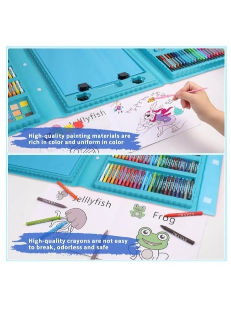 نقطة التسوق 208 قطعة من لوازم الرسم، مجموعة رسم فنية للأطفال والبنات والأولاد والمراهقين، حقيبة مجموعة فنية مع حامل ثلاثي الطي، تتضمن ألوان الباستيل الزيتية وأقلام التلوين وأقلام الرصاص الملونة ودفتر التلوين، لون أزرق - Image 4