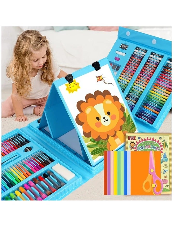 نقطة التسوق 208 قطعة من لوازم الرسم، مجموعة رسم فنية للأطفال والبنات والأولاد والمراهقين، حقيبة مجموعة فنية مع حامل ثلاثي الطي، تتضمن ألوان الباستيل الزيتية وأقلام التلوين وأقلام الرصاص الملونة ودفتر التلوين، لون أزرق - Image 1