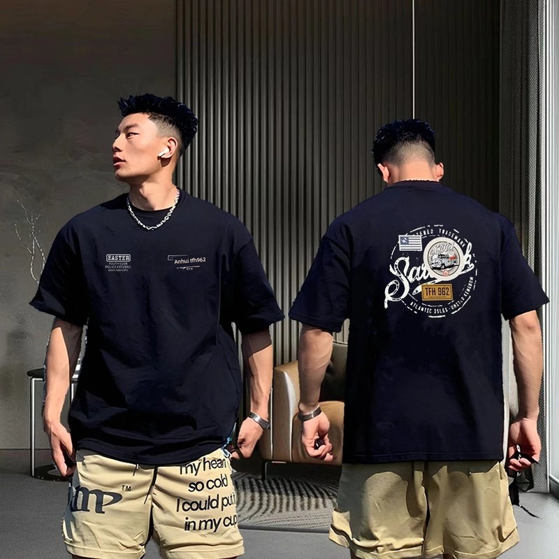 Extra-large size 150kg American style handsome heavy cotton short-sleeved t-shirt for young men's summer fashion brand round-neck half-sleeved top - Image 1
