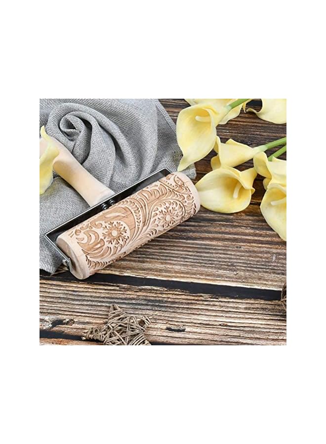 S-TOP Embossed Rolling Pins, Wooden 3D Flower Pattern Roller, Natural Wood Carved, Pin with Classic Pattern, DIY Tool, Suitable for Kids Dough And Fondant Cookies, Pies And Pastry Clay Crafts - Image 5