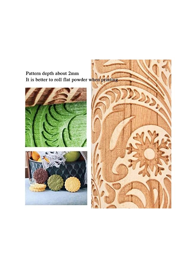 S-TOP Embossed Rolling Pins, Wooden 3D Flower Pattern Roller, Natural Wood Carved, Pin with Classic Pattern, DIY Tool, Suitable for Kids Dough And Fondant Cookies, Pies And Pastry Clay Crafts - Image 2