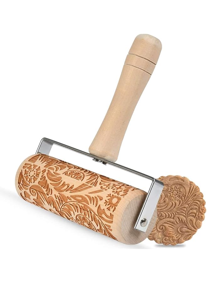 S-TOP Embossed Rolling Pins, Wooden 3D Flower Pattern Roller, Natural Wood Carved, Pin with Classic Pattern, DIY Tool, Suitable for Kids Dough And Fondant Cookies, Pies And Pastry Clay Crafts - Image 1