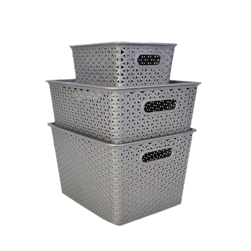 Homestrap Set Of 3 Plastic Storage Organizers/baskets With Lid For Kitchen, Clothes, Multipurpose Vegetables, Toys, Books, Office, Stationery, Wardrobe(Small, Medium, Large | Grey) - Image 1
