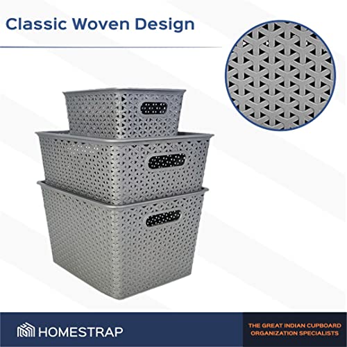 Homestrap Set Of 3 Plastic Storage Organizers/baskets With Lid For Kitchen, Clothes, Multipurpose Vegetables, Toys, Books, Office, Stationery, Wardrobe(Small, Medium, Large | Grey) - Image 5