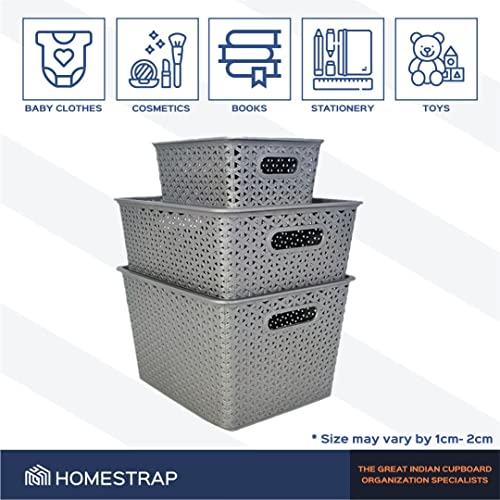 Homestrap Set Of 3 Plastic Storage Organizers/baskets With Lid For Kitchen, Clothes, Multipurpose Vegetables, Toys, Books, Office, Stationery, Wardrobe(Small, Medium, Large | Grey) - Image 4