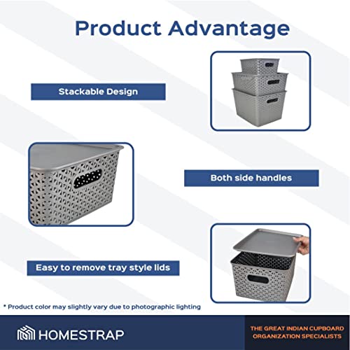 Homestrap Set Of 3 Plastic Storage Organizers/baskets With Lid For Kitchen, Clothes, Multipurpose Vegetables, Toys, Books, Office, Stationery, Wardrobe(Small, Medium, Large | Grey) - Image 3