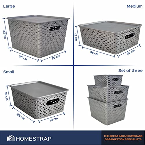 Homestrap Set Of 3 Plastic Storage Organizers/baskets With Lid For Kitchen, Clothes, Multipurpose Vegetables, Toys, Books, Office, Stationery, Wardrobe(Small, Medium, Large | Grey) - Image 2