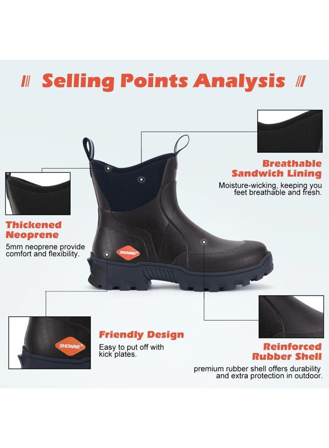 Showave Men's Short Rubber Boots Waterproof Rain Boots Insulated Working Booties with Comfortable Sports Sole, Brown,Size 9 - Image 2