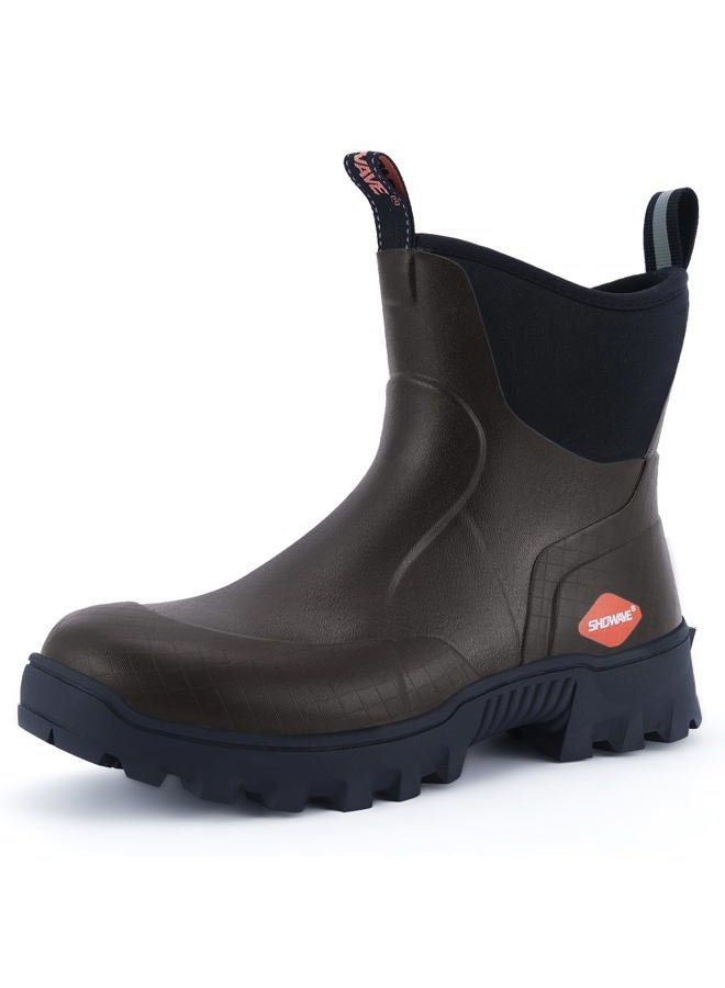 Showave Men's Short Rubber Boots Waterproof Rain Boots Insulated Working Booties with Comfortable Sports Sole, Brown,Size 9 - Image 1