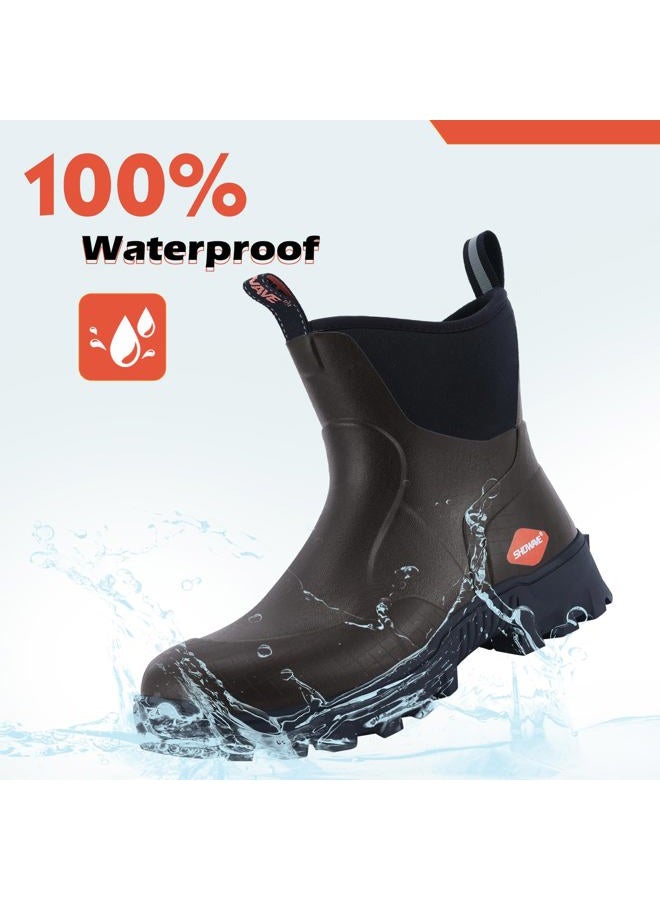 Showave Men's Short Rubber Boots Waterproof Rain Boots Insulated Working Booties with Comfortable Sports Sole, Brown,Size 9 - Image 4