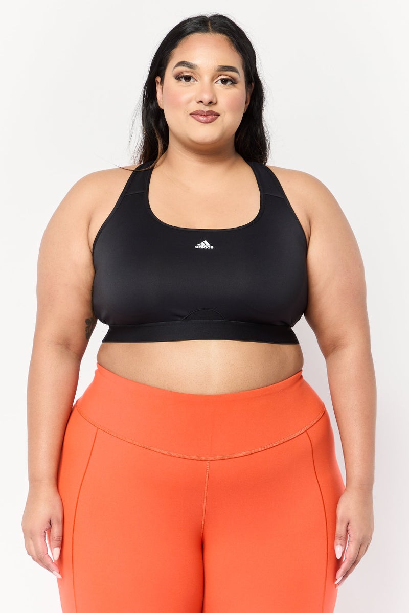 Adidas حمالة صدر رياضية للنساء بشعار العلامة التجارية، دعم متوسط مبطن، أسود - Image 1