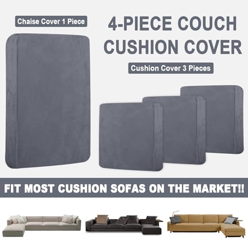 BT.WA Sectional Couch Covers for 4-Piece Seat Cushion Velvet Separate L Shape Couch Cover Stretch Sofa Slipcover with 2 Pieces Pillowcases Furniture Protector (Sofa 3 Seater + 1 Chaise, Dark Grey) - Image 4