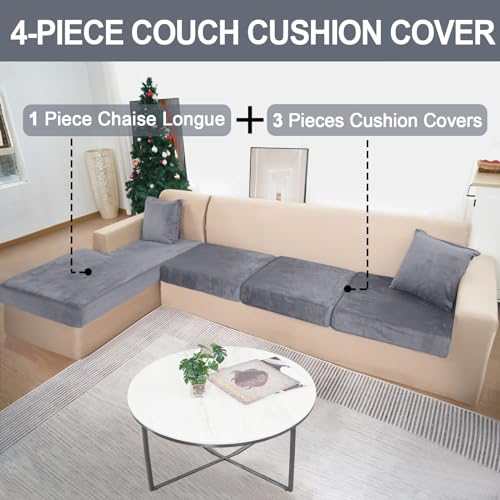 BT.WA Sectional Couch Covers for 4-Piece Seat Cushion Velvet Separate L Shape Couch Cover Stretch Sofa Slipcover with 2 Pieces Pillowcases Furniture Protector (Sofa 3 Seater + 1 Chaise, Dark Grey) - Image 2