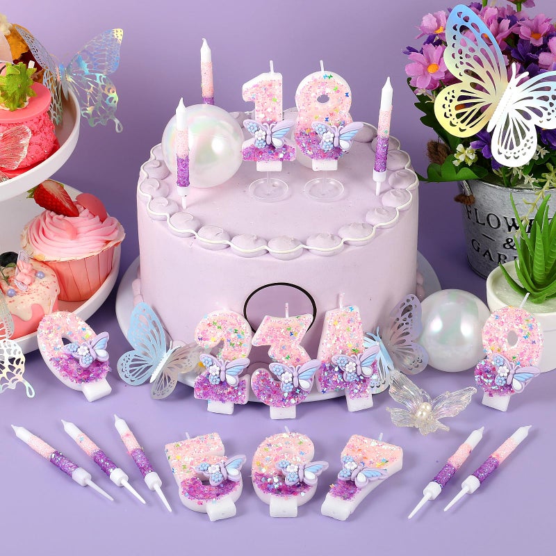 AKURIEEY Butterfly 8th Birthday Candle Purple Number 8 Candle with 6 Pcs Long Candles for Girls Cake Topper Cupcake Decor Party Decoration Anniversary Celebrations Supplies - Image 4