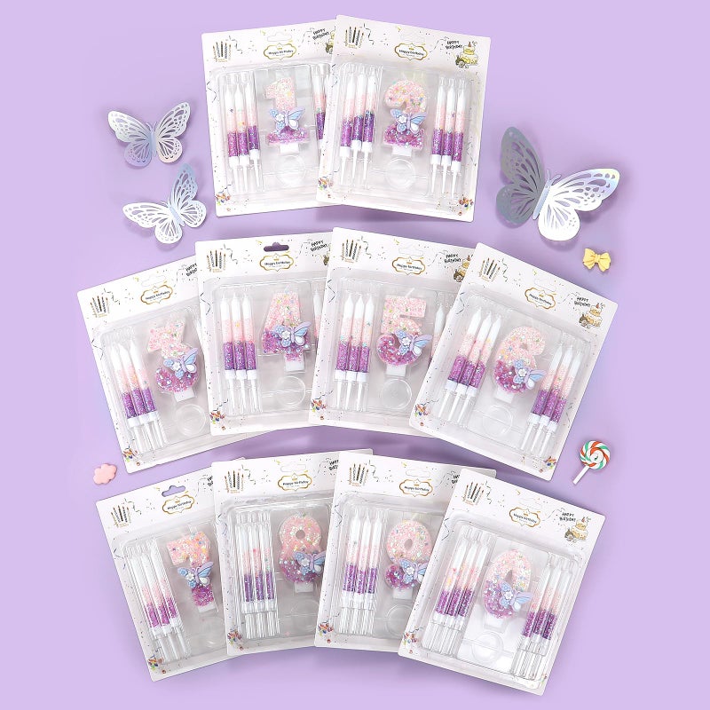 AKURIEEY Butterfly 8th Birthday Candle Purple Number 8 Candle with 6 Pcs Long Candles for Girls Cake Topper Cupcake Decor Party Decoration Anniversary Celebrations Supplies - Image 5