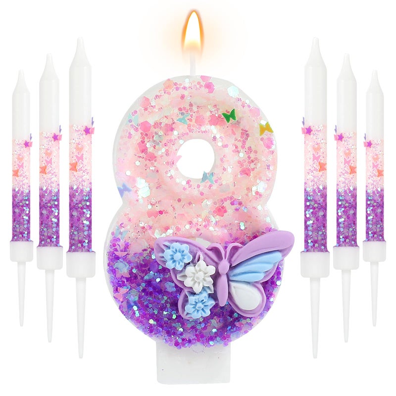 AKURIEEY Butterfly 8th Birthday Candle Purple Number 8 Candle with 6 Pcs Long Candles for Girls Cake Topper Cupcake Decor Party Decoration Anniversary Celebrations Supplies - Image 1