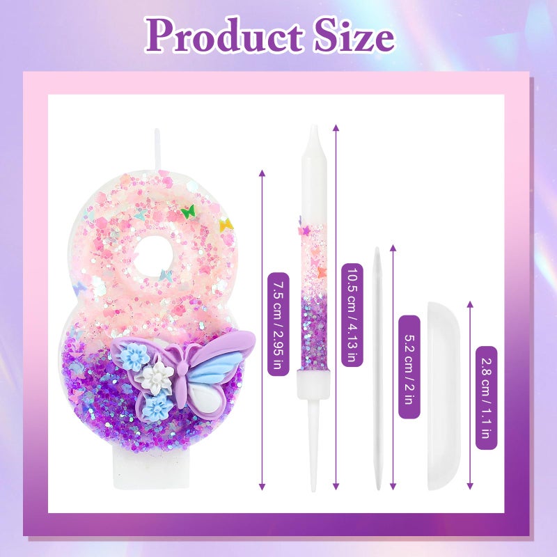 AKURIEEY Butterfly 8th Birthday Candle Purple Number 8 Candle with 6 Pcs Long Candles for Girls Cake Topper Cupcake Decor Party Decoration Anniversary Celebrations Supplies - Image 3