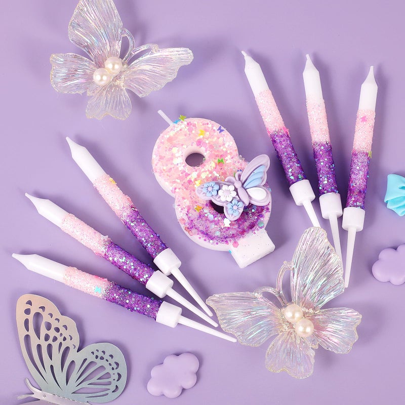 AKURIEEY Butterfly 8th Birthday Candle Purple Number 8 Candle with 6 Pcs Long Candles for Girls Cake Topper Cupcake Decor Party Decoration Anniversary Celebrations Supplies - Image 2