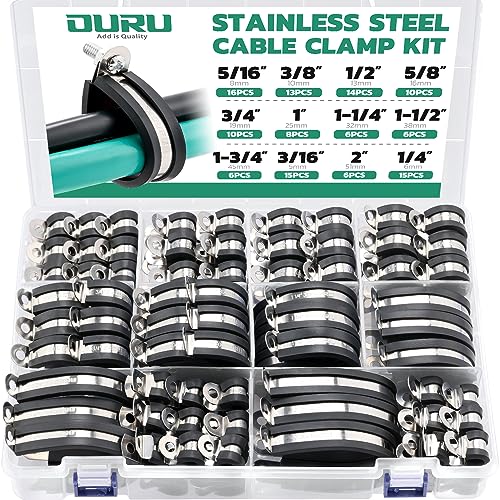 OURU 125PCS Cable Clamp,12 Sizes Stainless Steel Rubber Coated Cushioned Insulated Cable Clamps Assortment Kit-Metal Wire Clamps,Cable Clips,Pipe Clamps - Image 1