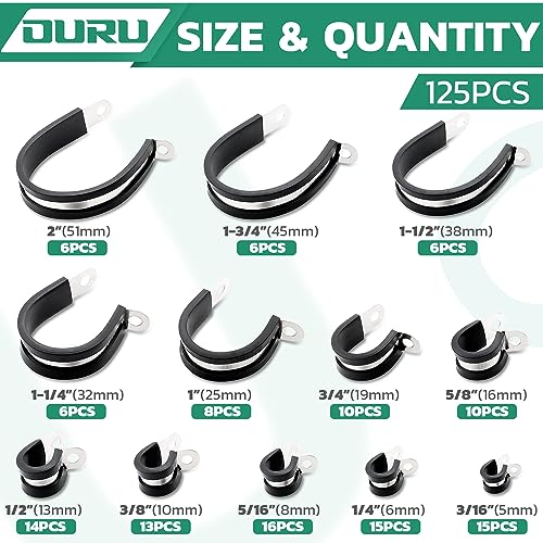 OURU 125PCS Cable Clamp,12 Sizes Stainless Steel Rubber Coated Cushioned Insulated Cable Clamps Assortment Kit-Metal Wire Clamps,Cable Clips,Pipe Clamps - Image 2