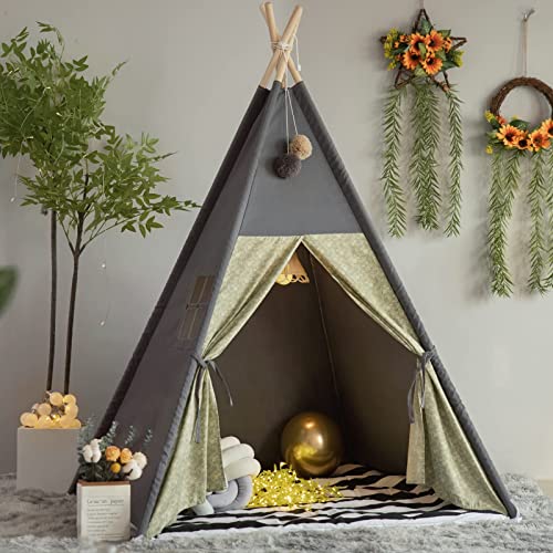 TreeBud Teepee Tent for Kids Stripe Padded Mat Foldable Dark Tone Grey Play Tents for Girl and Boy with Carry Case Wooden Pole Printing Canvas Tepee Playhouse for Child Indoor Outdoor - Image 1