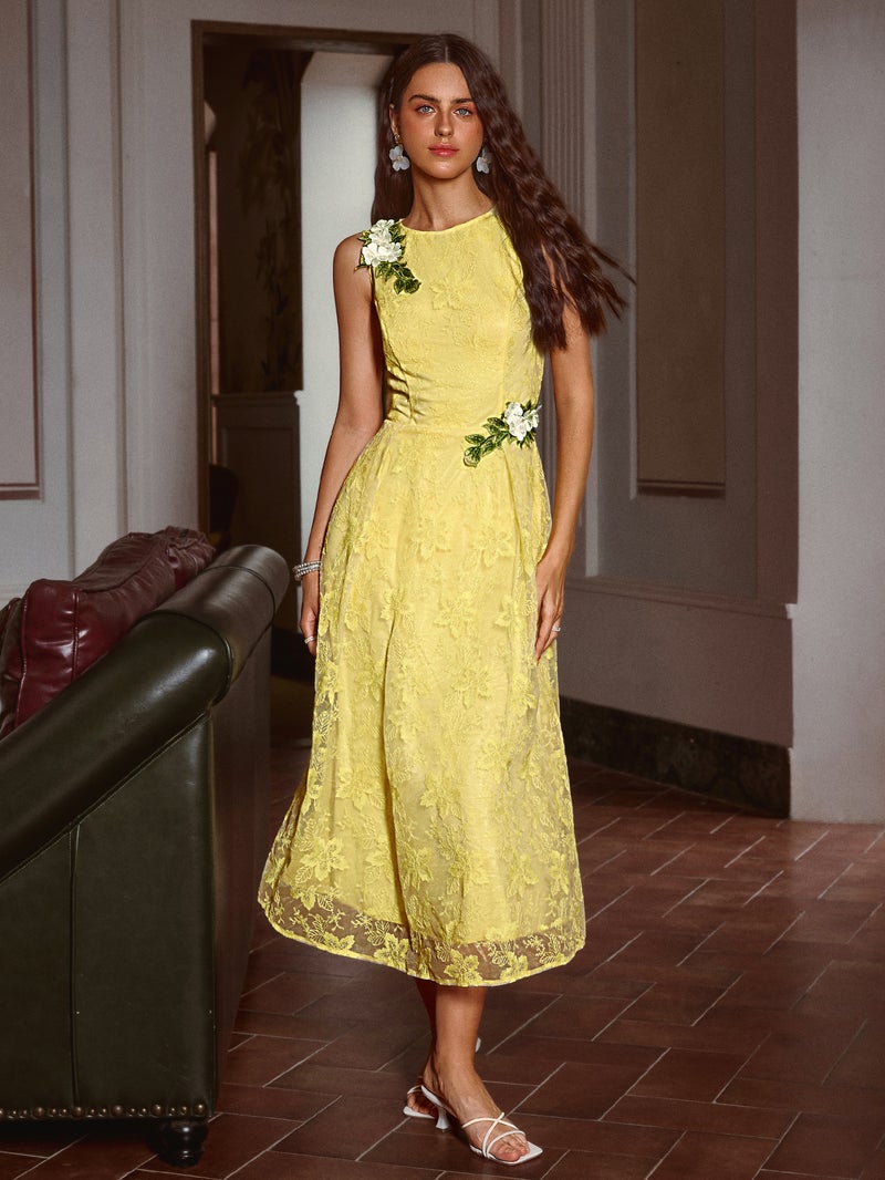 SIMPLEE Dress Crew Neck Sleeveless Embroidered A-Line Floral Lace Eyelet Bright Yellow Lemon Mustard Fashion Summer - Image 1
