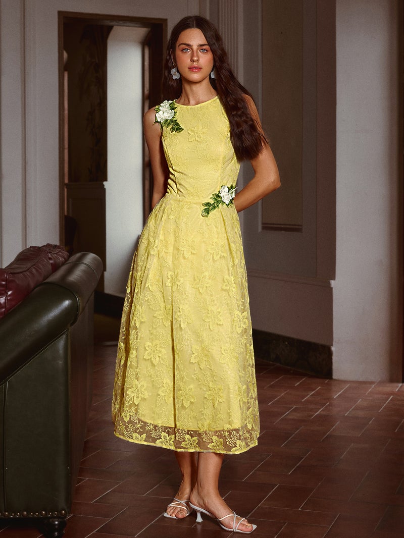 SIMPLEE Dress Crew Neck Sleeveless Embroidered A-Line Floral Lace Eyelet Bright Yellow Lemon Mustard Fashion Summer - Image 3