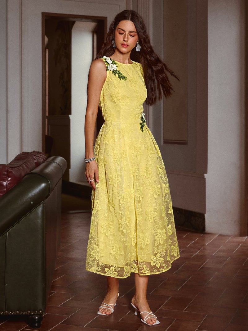 SIMPLEE Dress Crew Neck Sleeveless Embroidered A-Line Floral Lace Eyelet Bright Yellow Lemon Mustard Fashion Summer - Image 2
