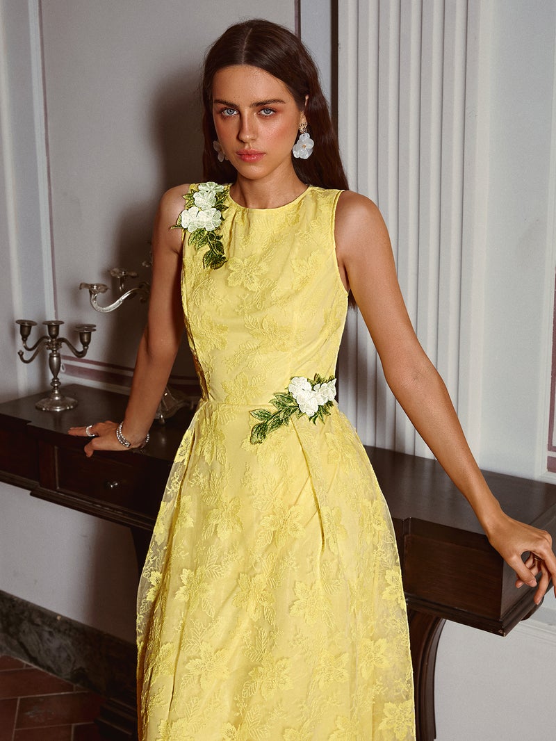 SIMPLEE Dress Crew Neck Sleeveless Embroidered A-Line Floral Lace Eyelet Bright Yellow Lemon Mustard Fashion Summer - Image 5