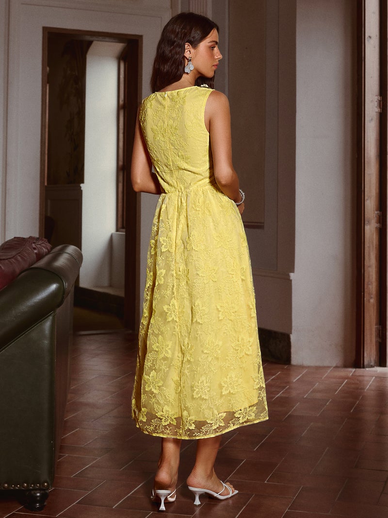 SIMPLEE Dress Crew Neck Sleeveless Embroidered A-Line Floral Lace Eyelet Bright Yellow Lemon Mustard Fashion Summer - Image 4