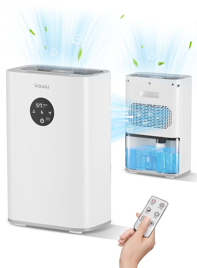  كاو مزيل الرطوبة KAWU لغرفة النوم، مزيل رطوبة صغير هادئ للطابق السفلي والحمام والمستودع وخزانة الملابس مع إيقاف تشغيل تلقائي، خزان مياه سعة 2.5 لتر/85 أونصة، جهاز تحكم عن بعد ولمس، صندوق العلاج بالروائح - Image 1
