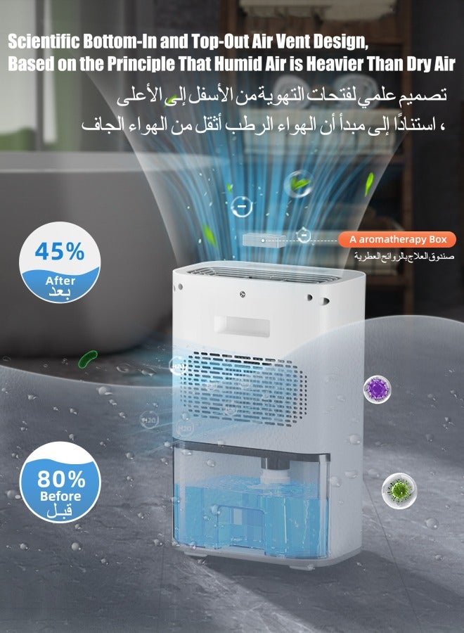  كاو مزيل الرطوبة KAWU لغرفة النوم، مزيل رطوبة صغير هادئ للطابق السفلي والحمام والمستودع وخزانة الملابس مع إيقاف تشغيل تلقائي، خزان مياه سعة 2.5 لتر/85 أونصة، جهاز تحكم عن بعد ولمس، صندوق العلاج بالروائح - Image 2