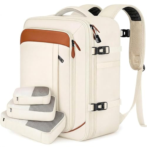 Vancropak Travel Backpack for Women Airline Approved Carry On Backpack with 3 Packing Cubes Expandable Large 40L Travel Bag fits 17 Laptop Anti Theft Luggage Suitcase Weekend Daypack White Brown - Image 1