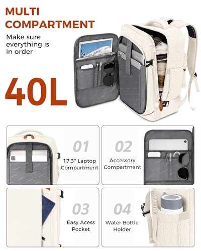 Vancropak Travel Backpack for Women Airline Approved Carry On Backpack with 3 Packing Cubes Expandable Large 40L Travel Bag fits 17 Laptop Anti Theft Luggage Suitcase Weekend Daypack White Brown - Image 3