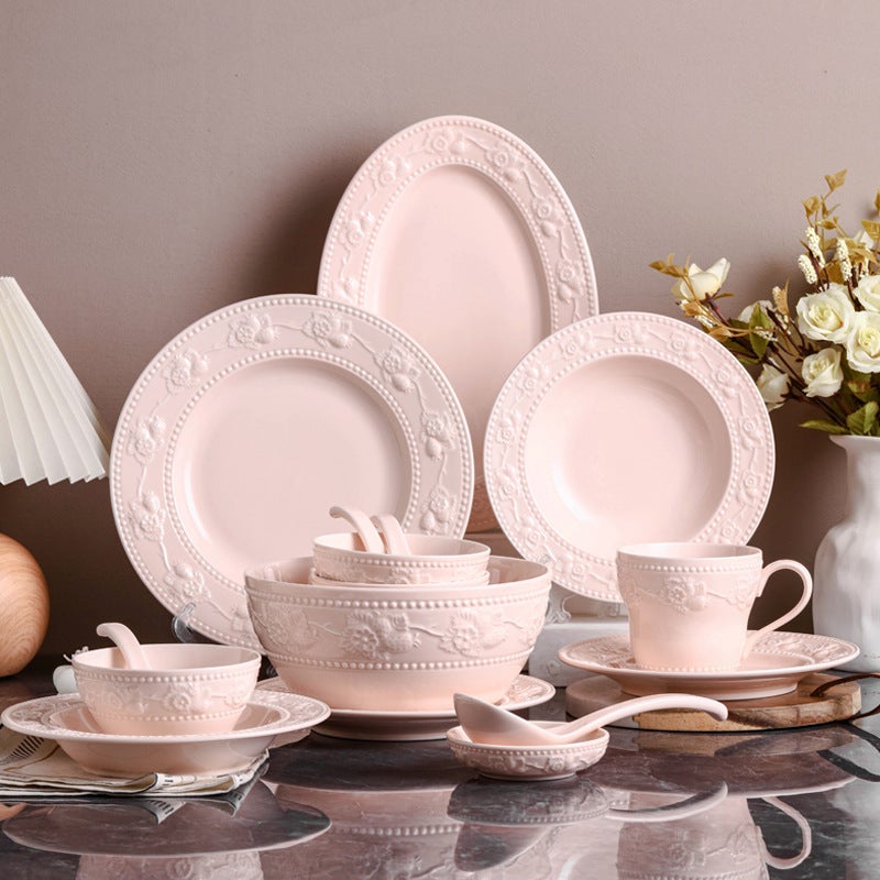 High Color Value Ceramic Tableware Cream Powder Embossed Western Food Bowl Plate Suit High Color Value Rice Bowl Vegetable Plate - Image 2