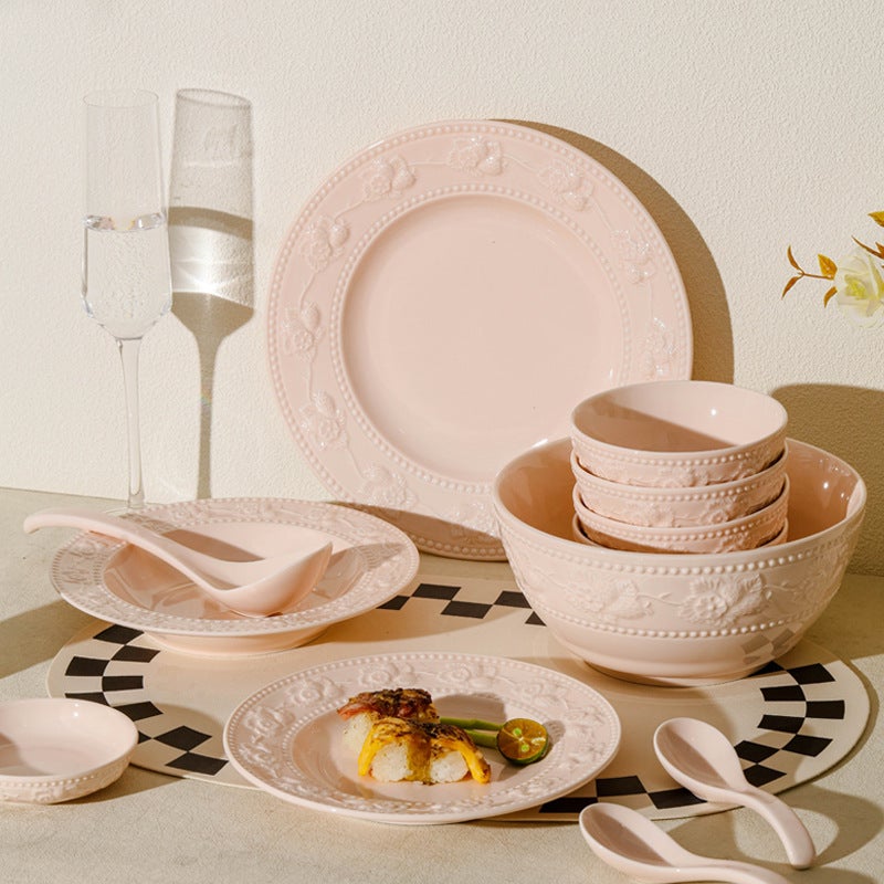 High Color Value Ceramic Tableware Cream Powder Embossed Western Food Bowl Plate Suit High Color Value Rice Bowl Vegetable Plate - Image 4