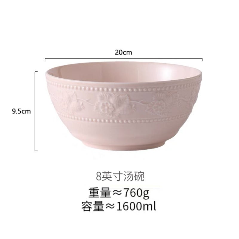High Color Value Ceramic Tableware Cream Powder Embossed Western Food Bowl Plate Suit High Color Value Rice Bowl Vegetable Plate - Image 1