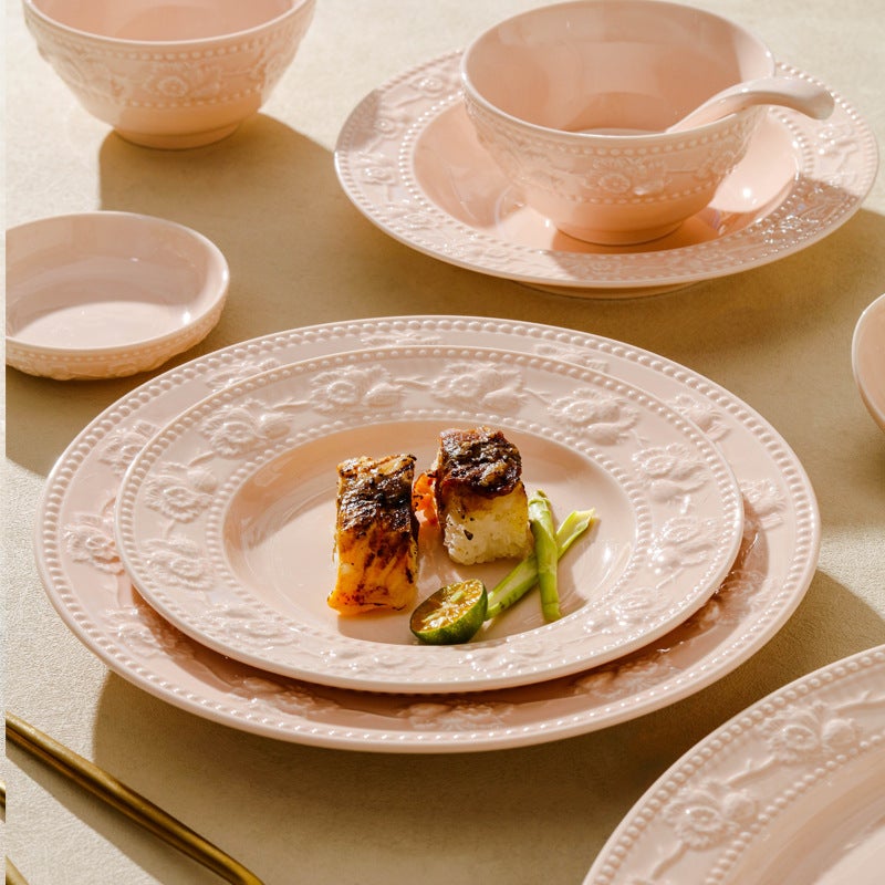 High Color Value Ceramic Tableware Cream Powder Embossed Western Food Bowl Plate Suit High Color Value Rice Bowl Vegetable Plate - Image 3