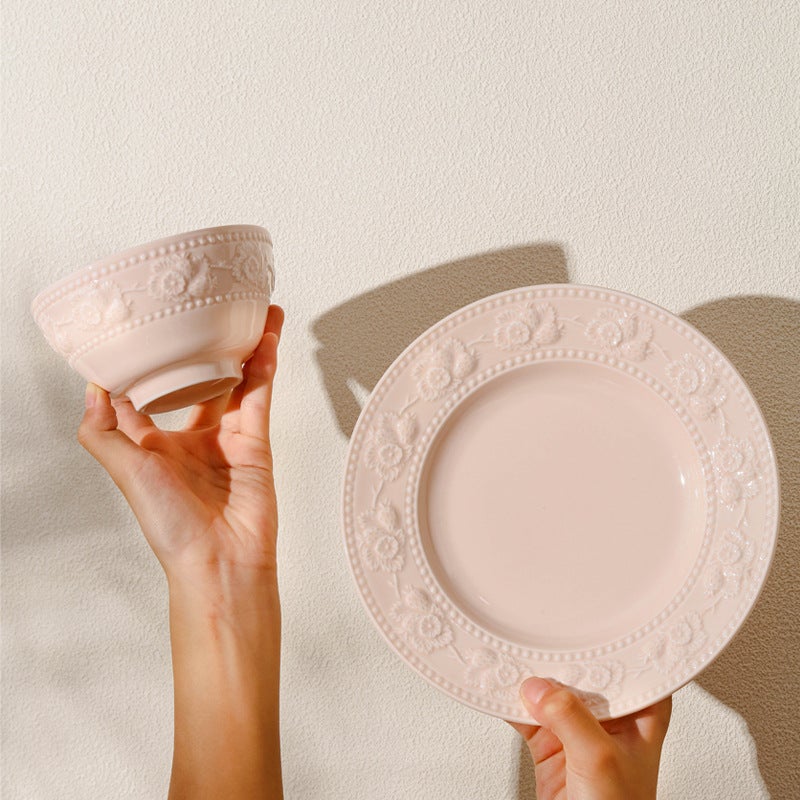 High Color Value Ceramic Tableware Cream Powder Embossed Western Food Bowl Plate Suit High Color Value Rice Bowl Vegetable Plate - Image 5