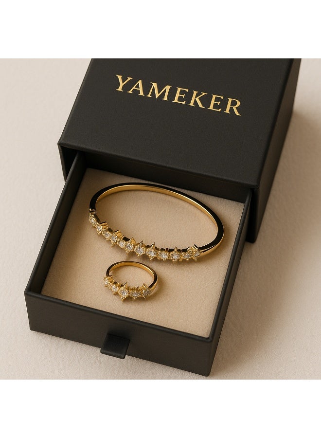 ياميكر طقم سوار وخاتم نسائي مطلي بالذهب من YAMEKER.AE | مجموعة سوار مفتوح وخاتم قابل للتعديل مرصّعين بعنقود حجر الزركون CZ | مجوهرات أنيقة للحفلات والزفاف | هدية موضة للاستخدام اليومي للنساء والفتيات - Image 2