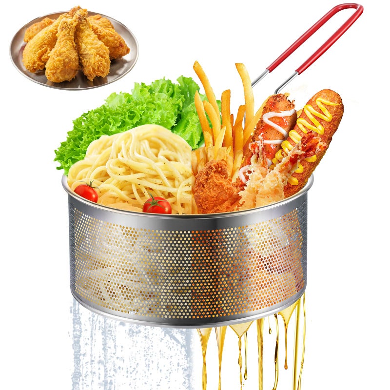 YIMI Deep Fryer Basket Only, 7''x4'' Colander with Silicone Handle,Round Stainless Steel Fry Baskets, Heat Resistant for Frying French Fries Cooking Noodles Vegetables, Ideal for Gift, 2.3-Quart - Image 1