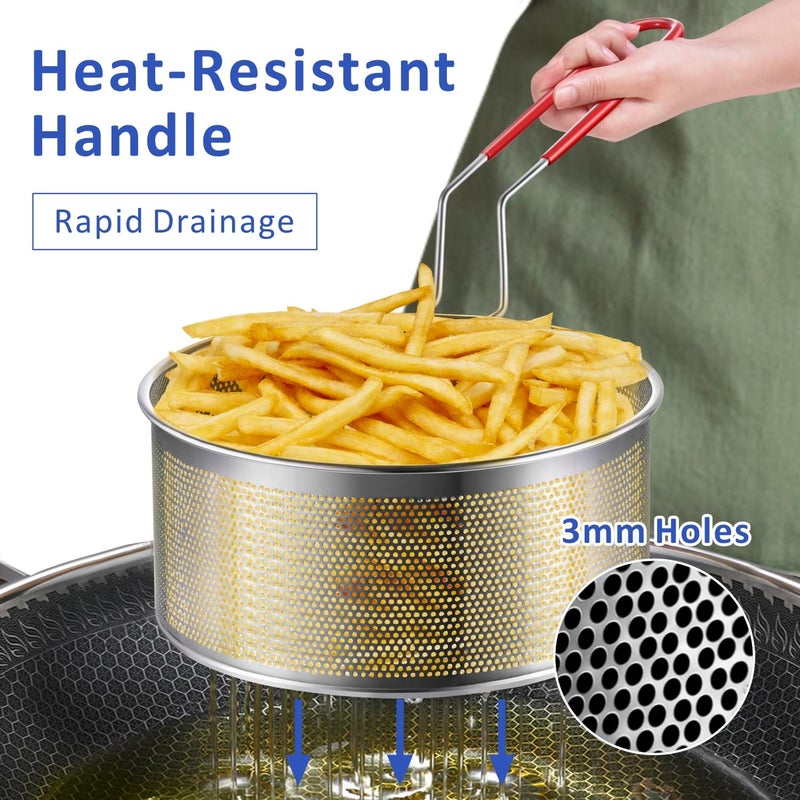 YIMI Deep Fryer Basket Only, 7''x4'' Colander with Silicone Handle,Round Stainless Steel Fry Baskets, Heat Resistant for Frying French Fries Cooking Noodles Vegetables, Ideal for Gift, 2.3-Quart - Image 3