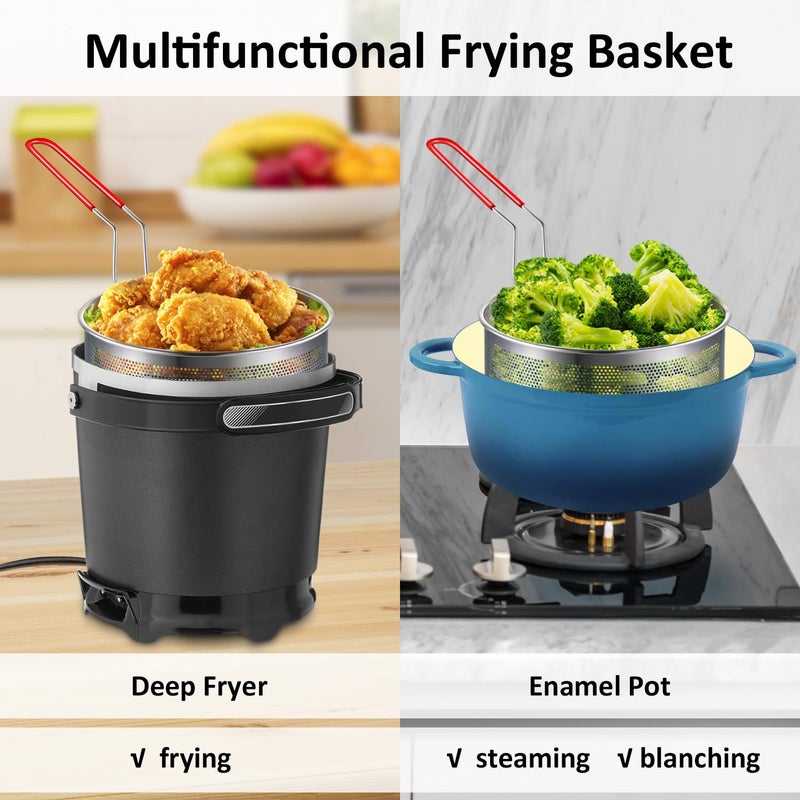 YIMI Deep Fryer Basket Only, 7''x4'' Colander with Silicone Handle,Round Stainless Steel Fry Baskets, Heat Resistant for Frying French Fries Cooking Noodles Vegetables, Ideal for Gift, 2.3-Quart - Image 5