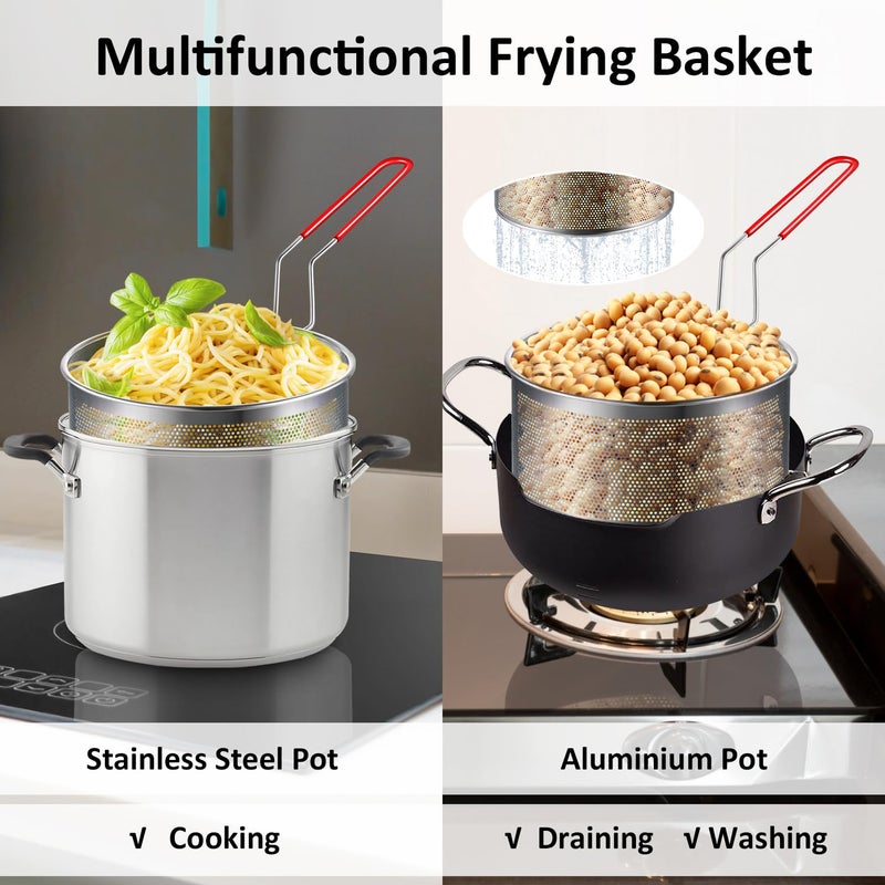 YIMI Deep Fryer Basket Only, 7''x4'' Colander with Silicone Handle,Round Stainless Steel Fry Baskets, Heat Resistant for Frying French Fries Cooking Noodles Vegetables, Ideal for Gift, 2.3-Quart - Image 4