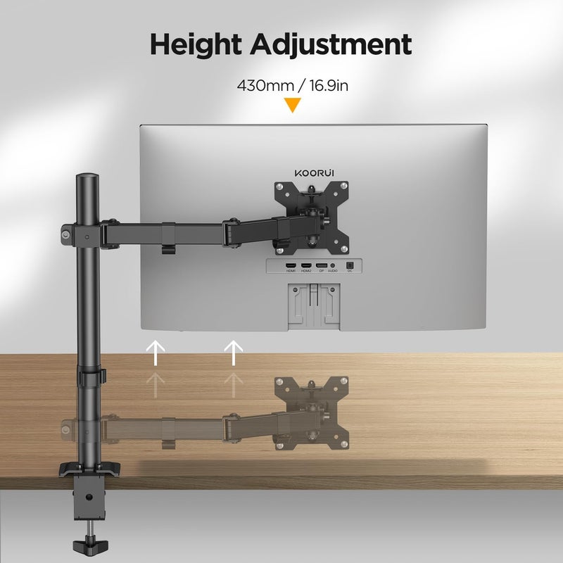 KOORUI Single Monitor Arm Desk Mount, Holds Screens up to 13-27 inch Monitor, Fully Adjustable Stand with C-Clamp and Grommet Base, VESA 75x75mm or 100x100mm, Fit up to 22.1lbs - Image 2